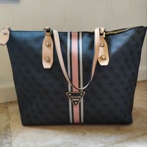 GUESS Love Logo Dark Gray  and Light Pink Stripe Coated Canvas Tote Bag